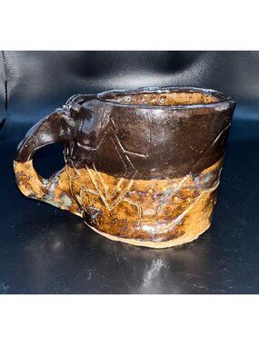 Handcrafted Ceramic Mug Rustic Brown Blue Glaze Unique southwestern Design 10oz
